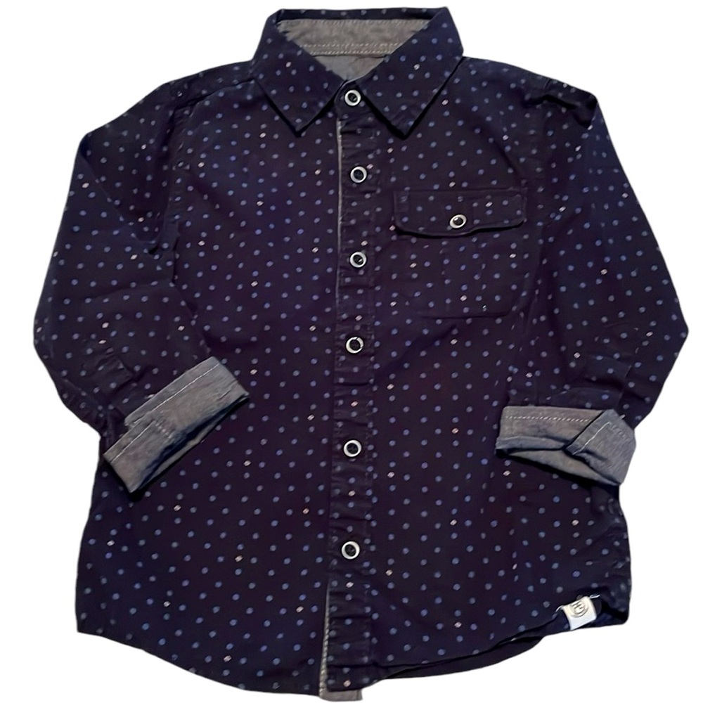 Perry Ellis Navy Blue Polka Dot Print Button Down Shirt Toddler Size 4T